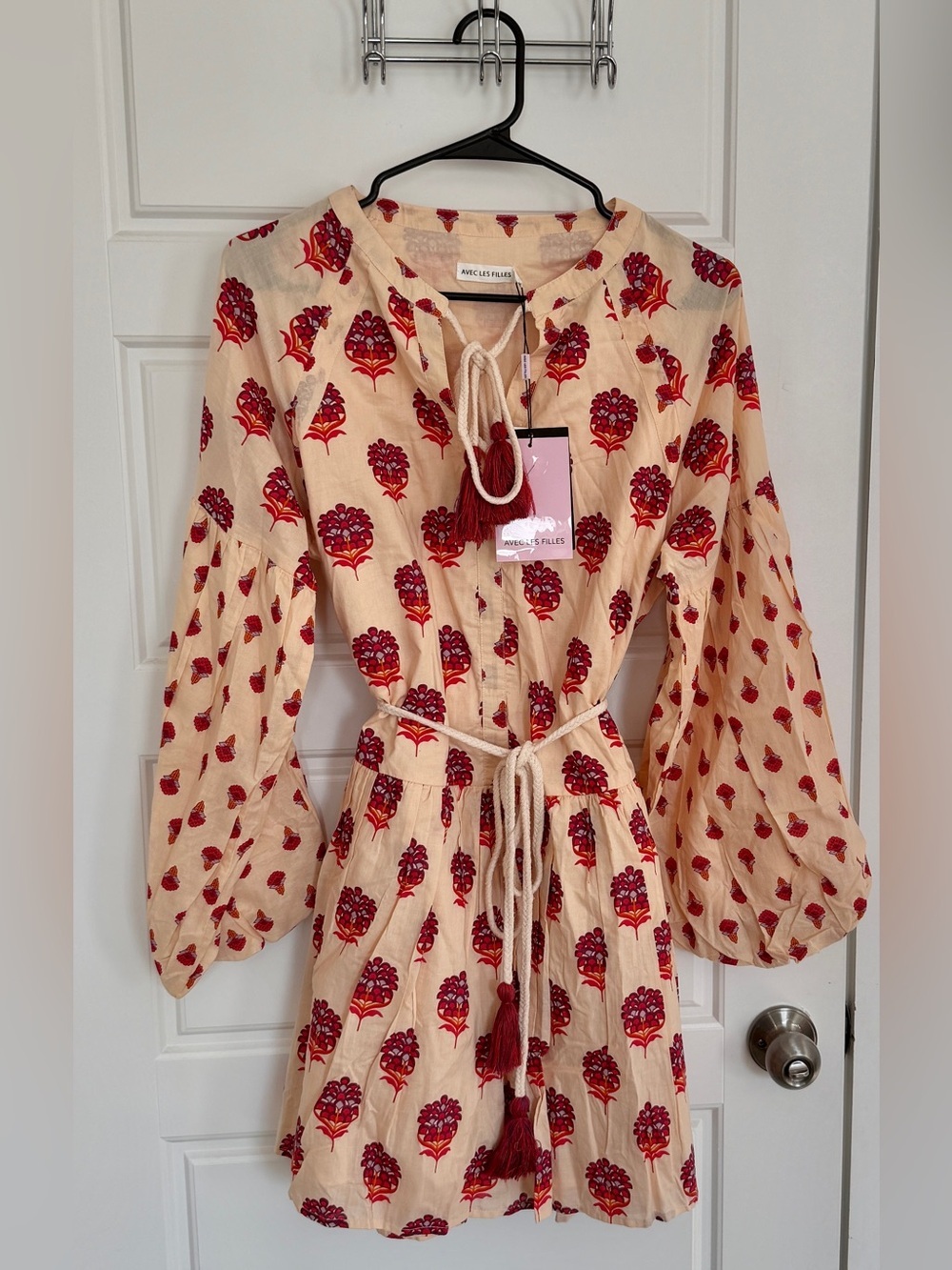 Avec Les Filles Floral Mini Dress Boho Peasant Tassel Tie Waist Size 6 - Picture 6 of 10